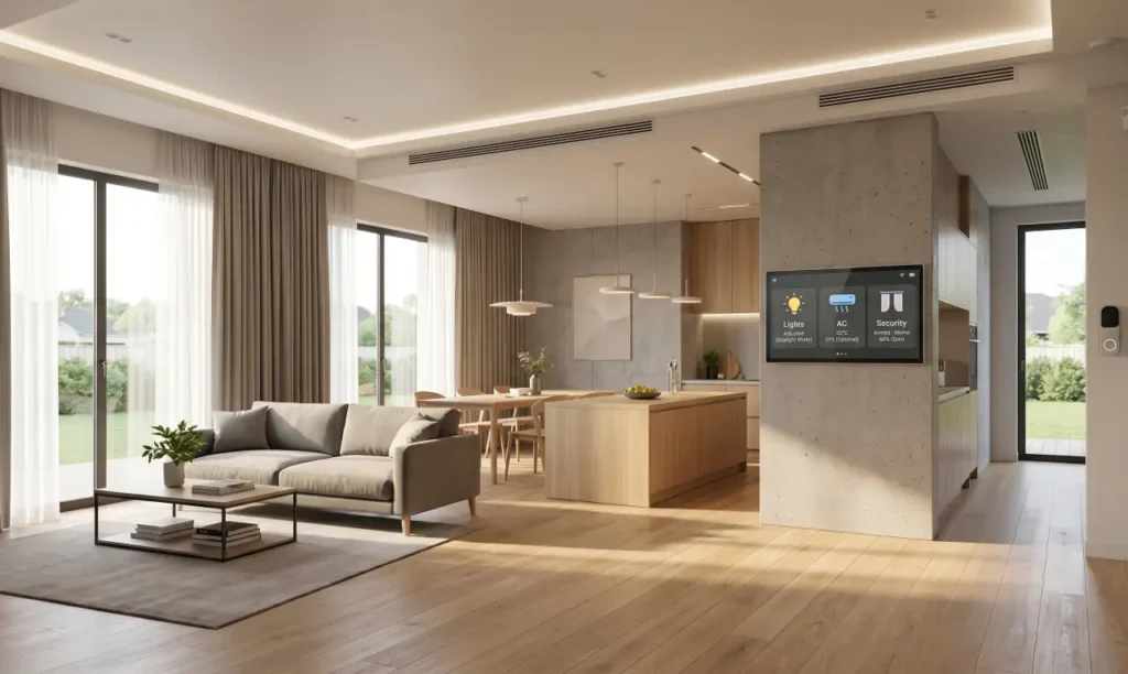 Smart home with integrated lighting AC security and curtains working together